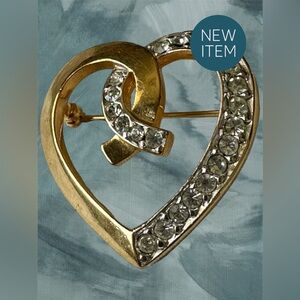 Vintage AFJ Signed Gold Crystals Heart Brooch Pin